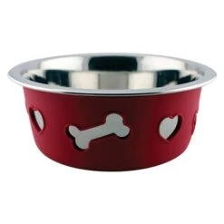 Weatherbeeta Dog Bowl Non-Slip Stainless Steel Silicone Bone Raspberry